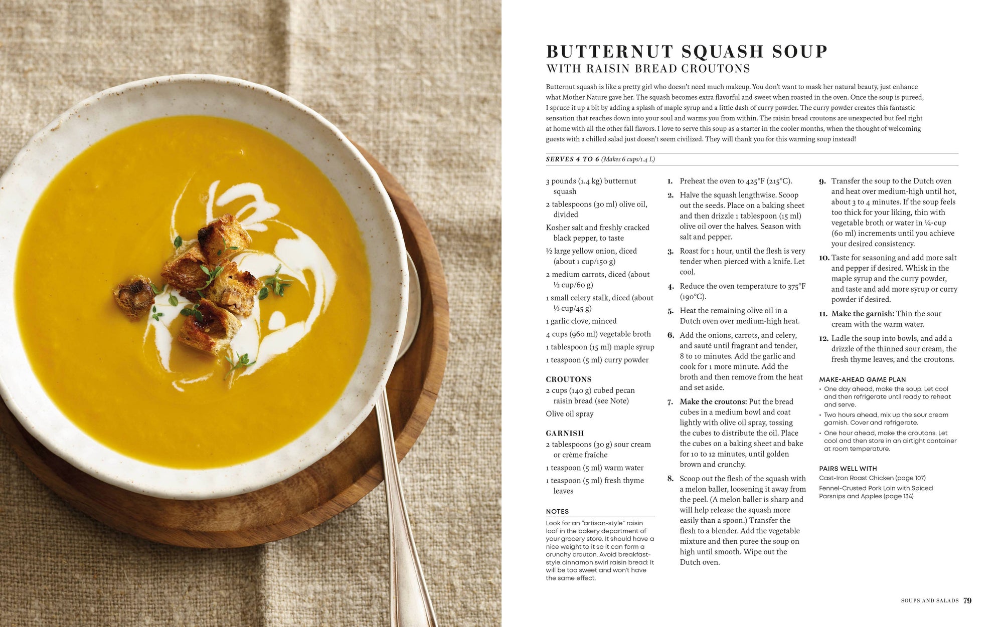 Butternut squash soup recipe and picture of bowl of soup with croutons 