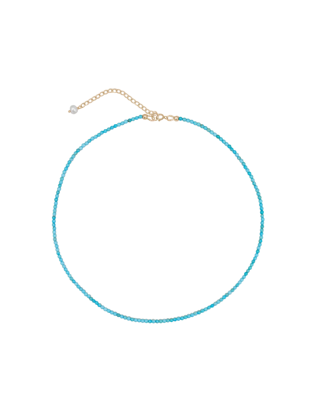 Turquoise beaded necklace with gold clasp and extender with fresh water pearl 
