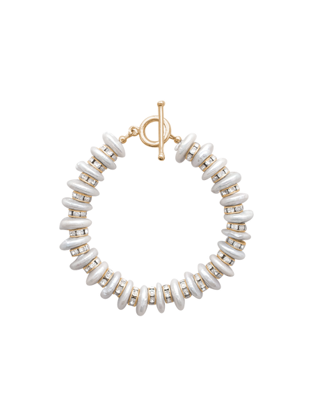 Bracelet with white beads and gold accents on a white background