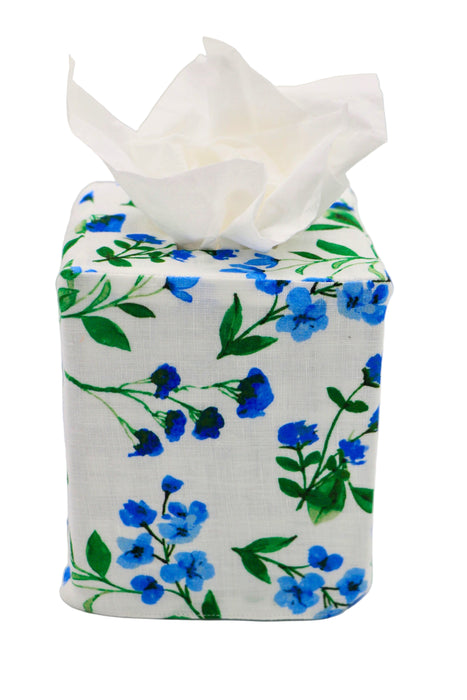 Tissue box cover with blue floral design on a white background