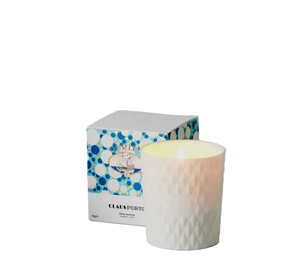 Candle with a patterned label on a white background
