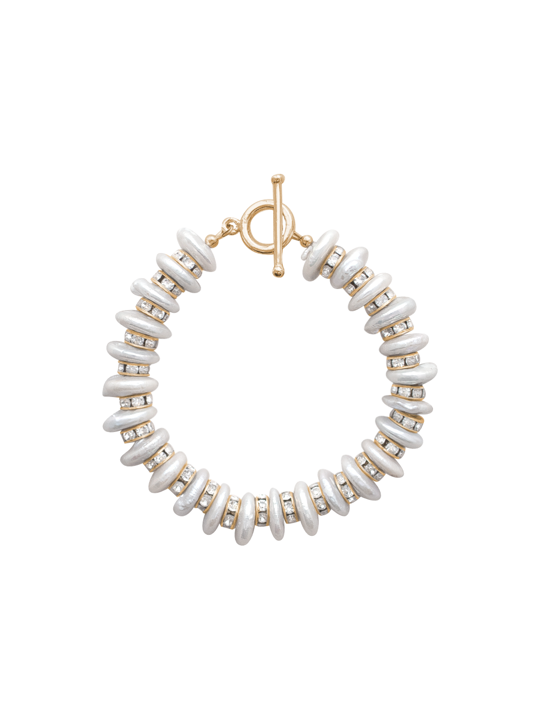 Bracelet with white beads and gold accents on a white background