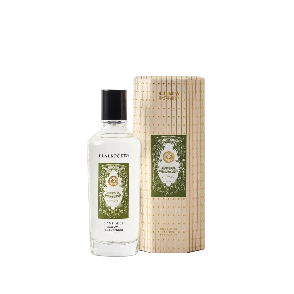 Claus Porto home mist bottle and packaging on a light gray background