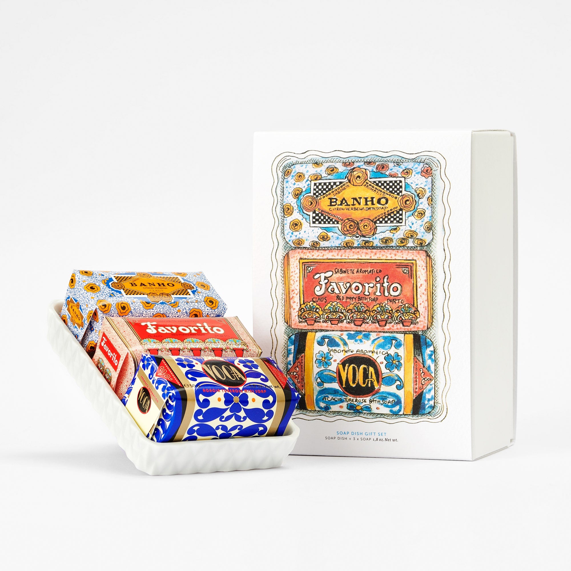 Soap Gift Set with soap dish in decorative box on white background