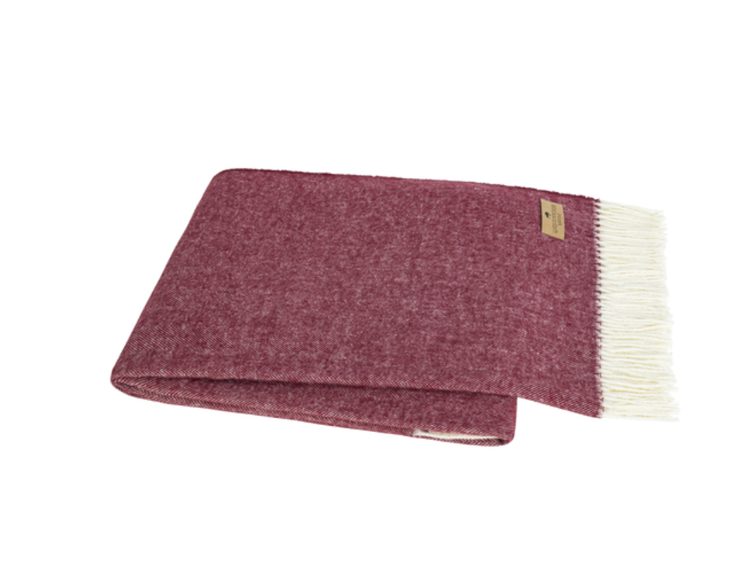Lands Down Under cranberry Italian Herringbone  throw in cotton/acrylic with white fringe on white background 