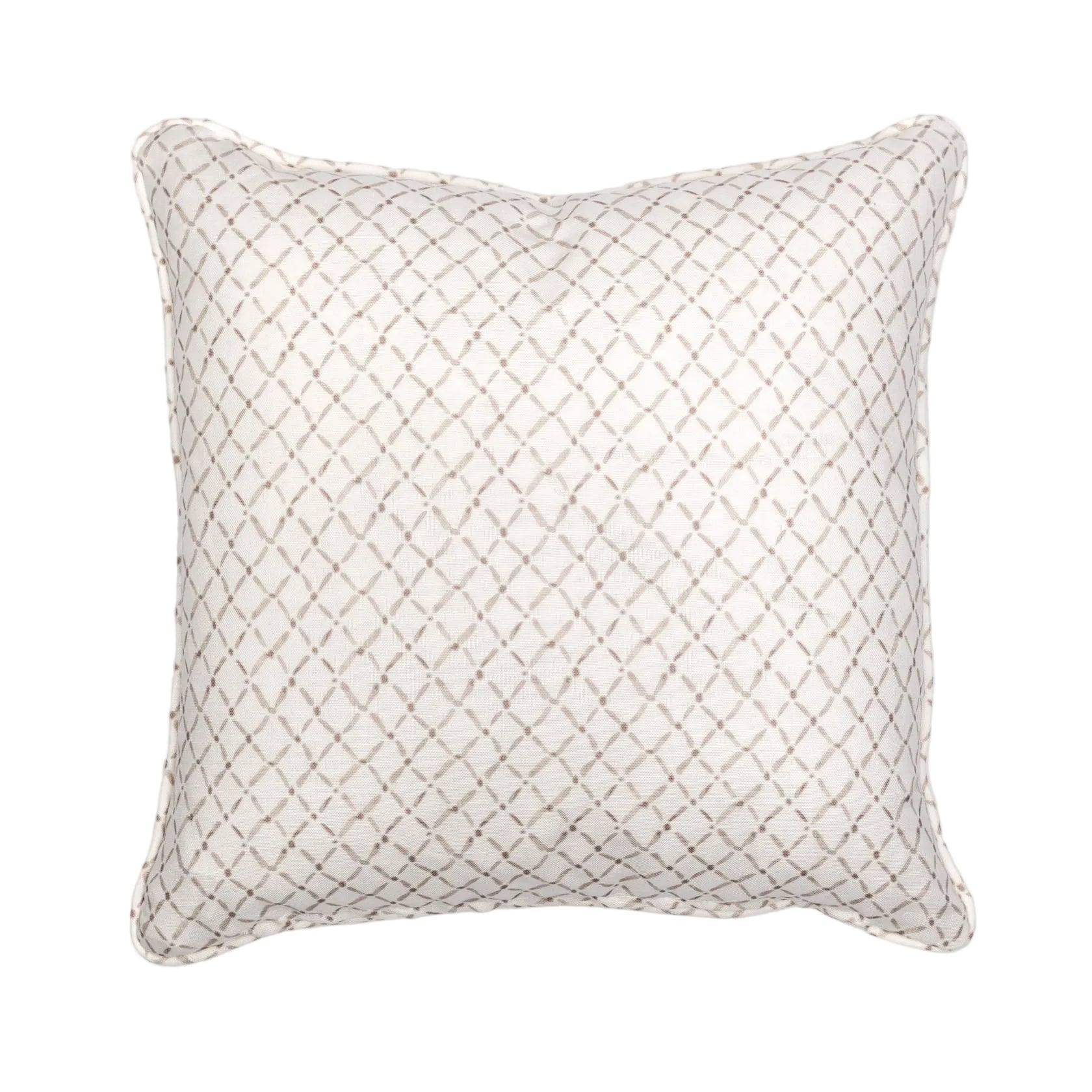 A beige throw pillow with a geometric diamond pattern
