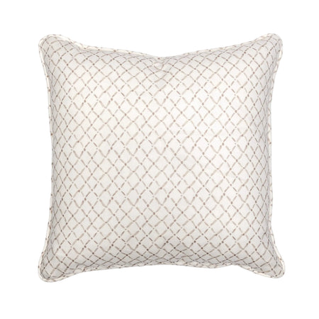 A beige throw pillow with a geometric diamond pattern