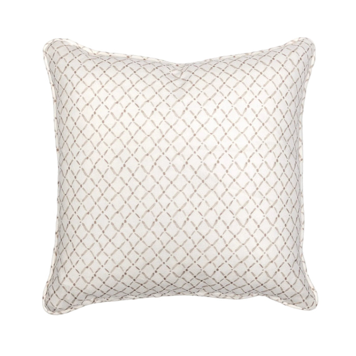 A beige throw pillow with a geometric diamond pattern