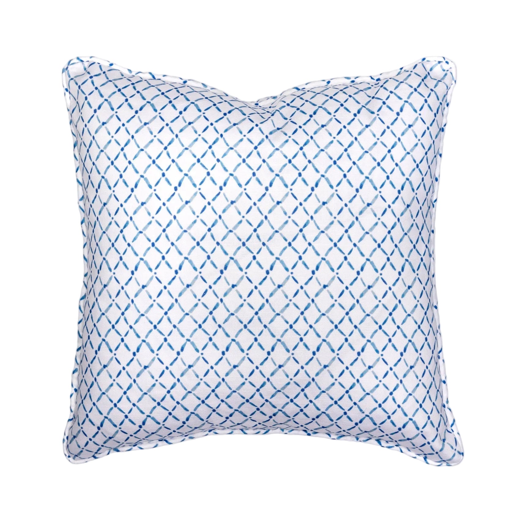 A square-shaped throw pillow with a geometric pattern in blue and white colors, with a visible concealed zipper along the bottom seam.