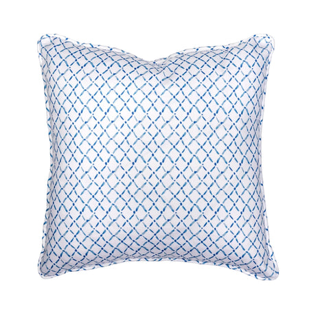 A square-shaped throw pillow with a geometric pattern in blue and white colors, with a visible concealed zipper along the bottom seam.