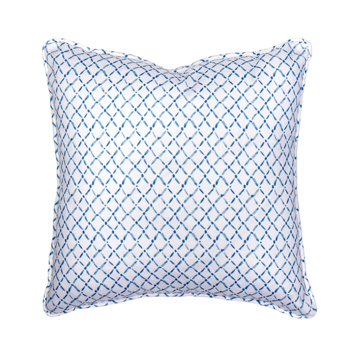A square-shaped throw pillow with a geometric pattern in blue and white colors, with a visible concealed zipper along the bottom seam.
