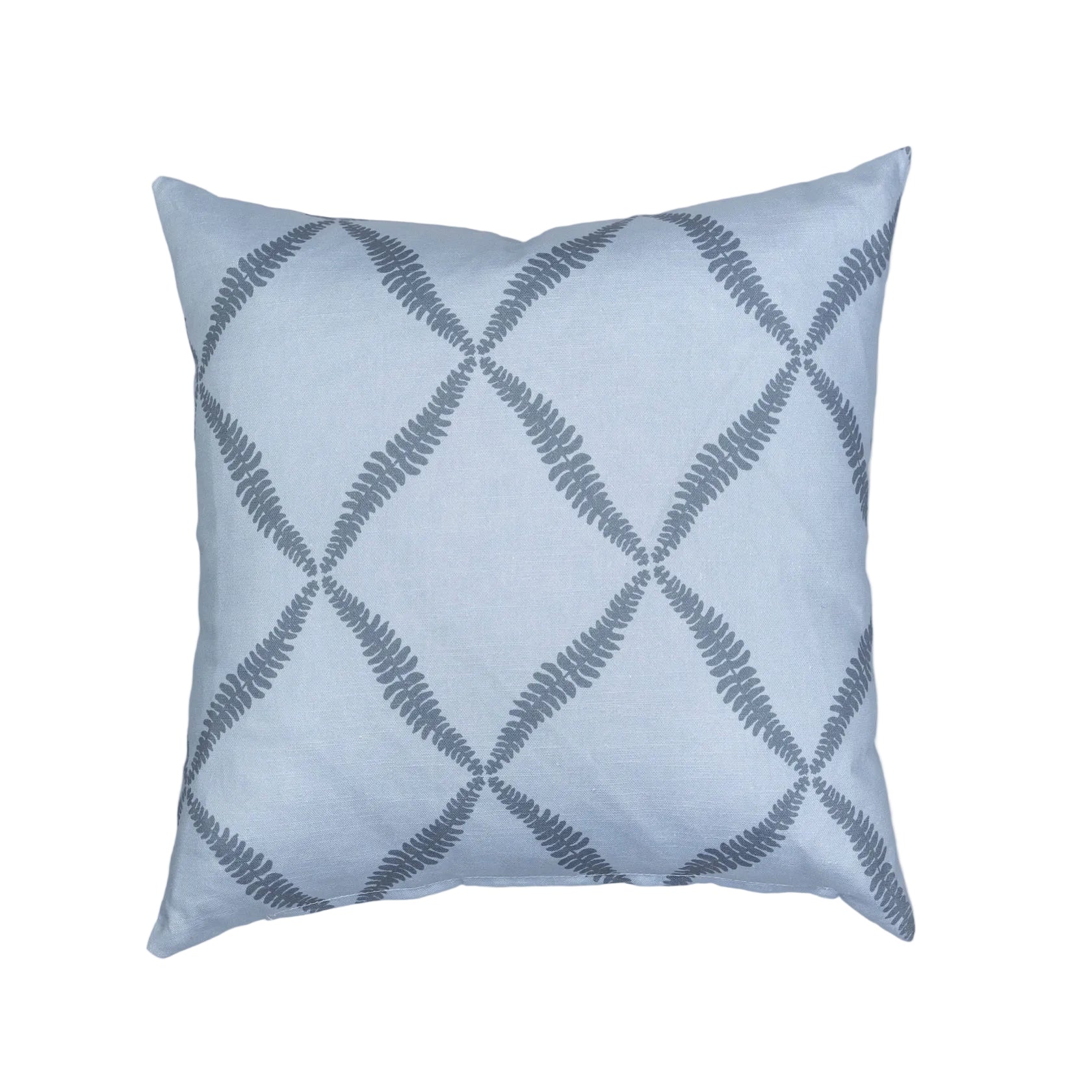 A square-shaped throw pillow with a denim blue color featuring a trellis pattern with fern motifs.