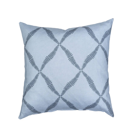 A square-shaped throw pillow with a denim blue color featuring a trellis pattern with fern motifs.