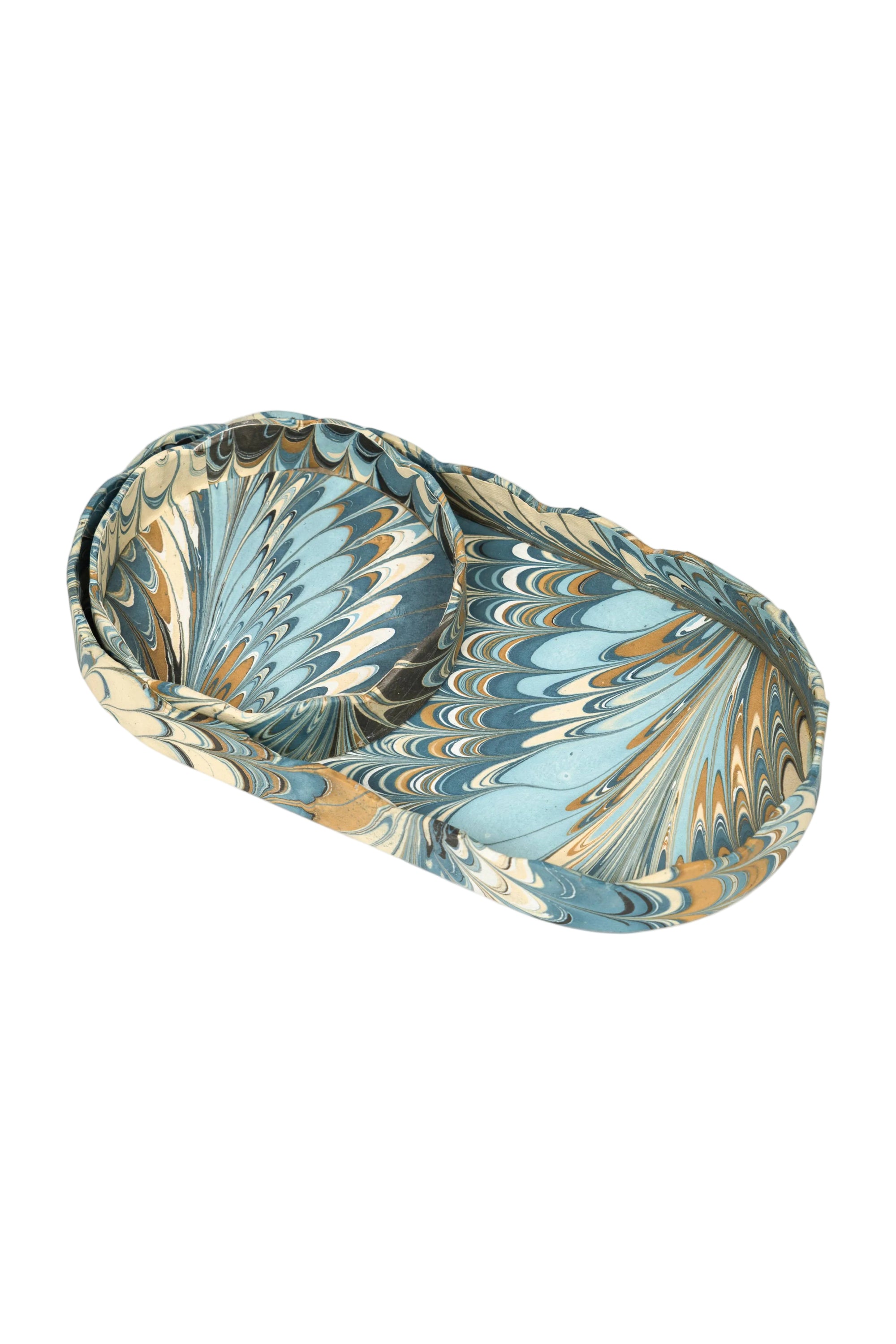 Scalloped Hand-Marbled Oval Desk Tray Set in Nila Feathers