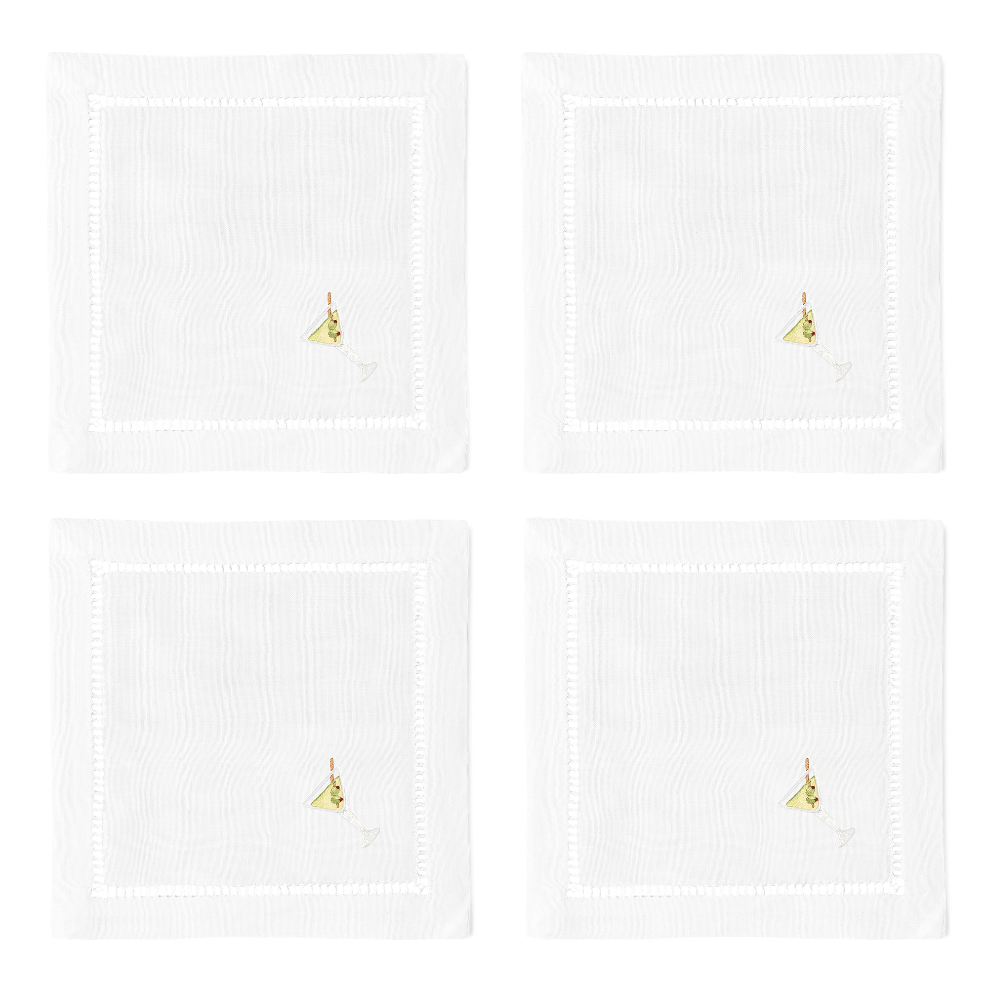 Set of 4 white with martini glass cocktail napkins on grey and black checked background 