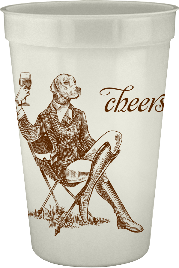Disposable cup with labrador sitting in chair with drink and the word cheers 