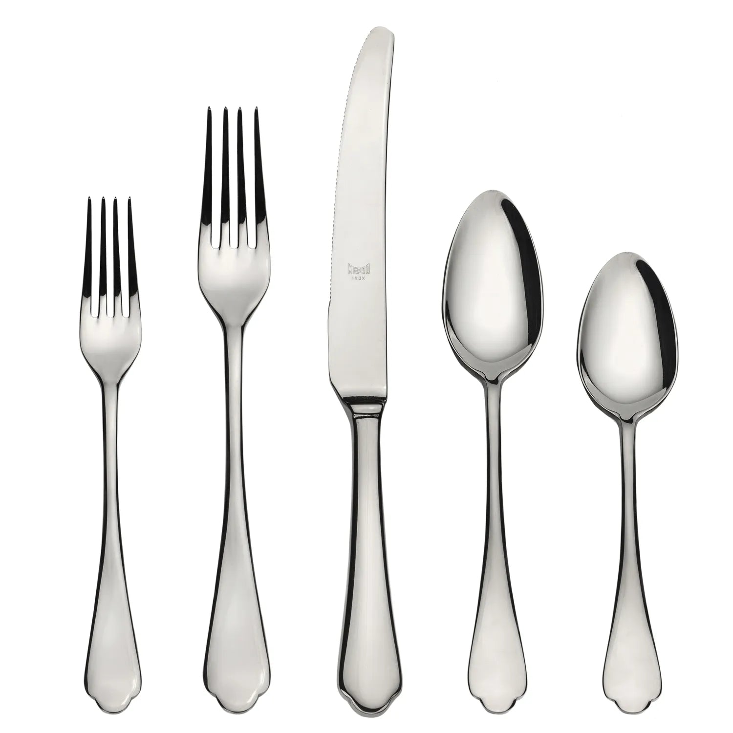 Stainless Steel Dolce Vita flatware set with 2 forks, knife and 2 spoons on white background 