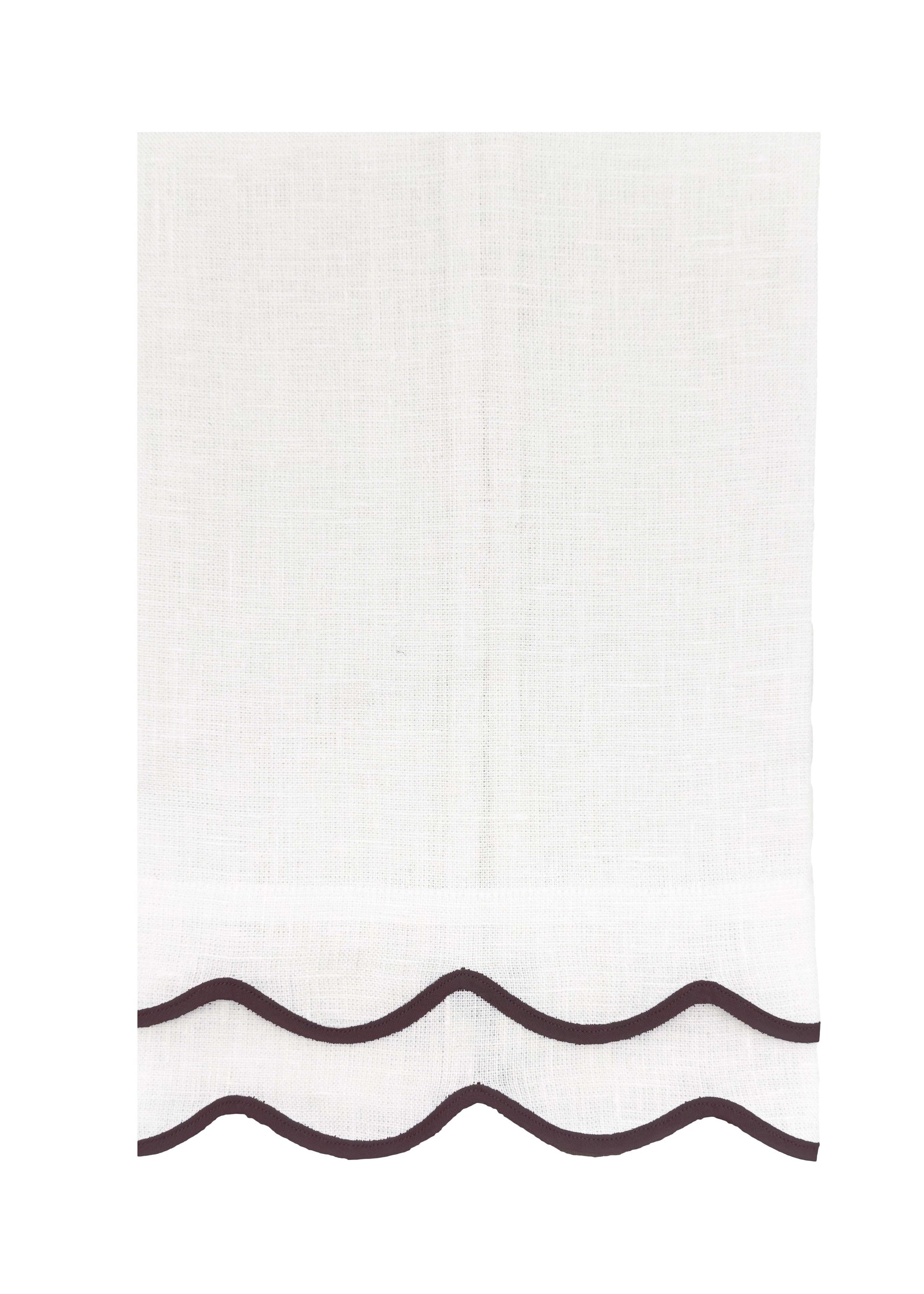 Linen hand towel with chocolate wave detail on white background