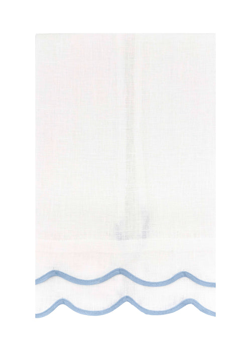 White towel with blue wave design at the bottom on a white background