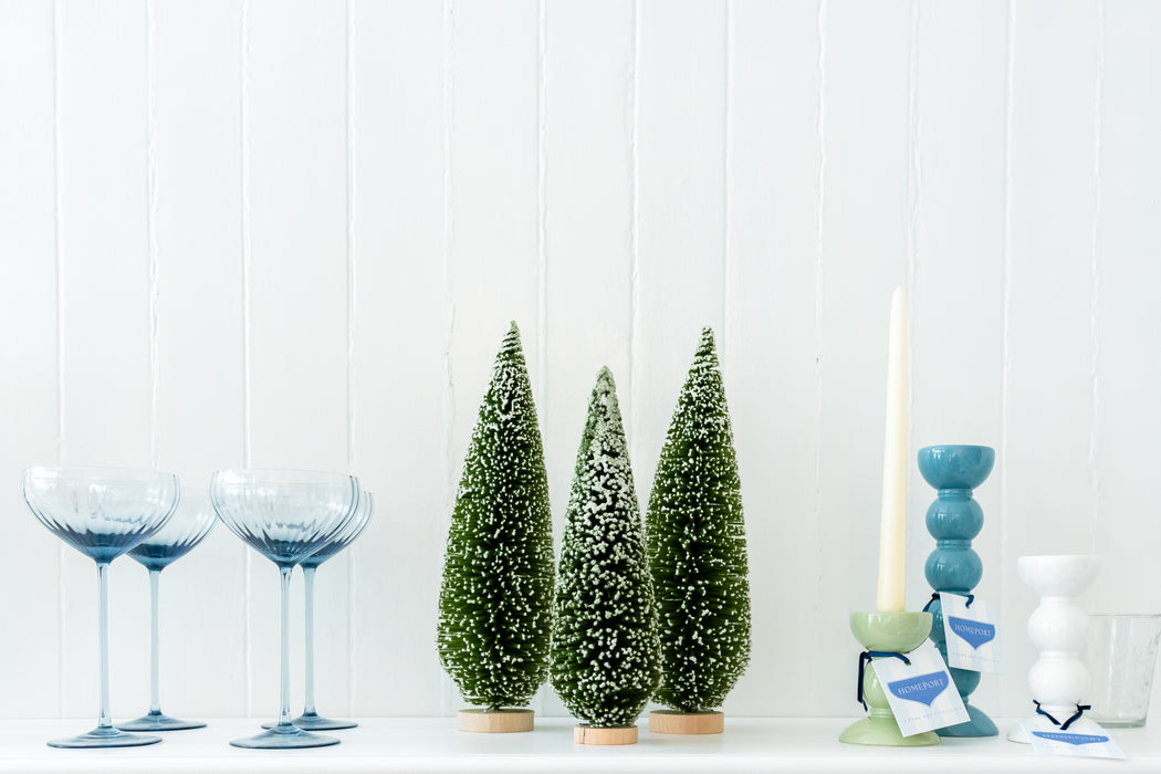 Cypress shaped bristle tree dark green with white snow  tips, 9 in