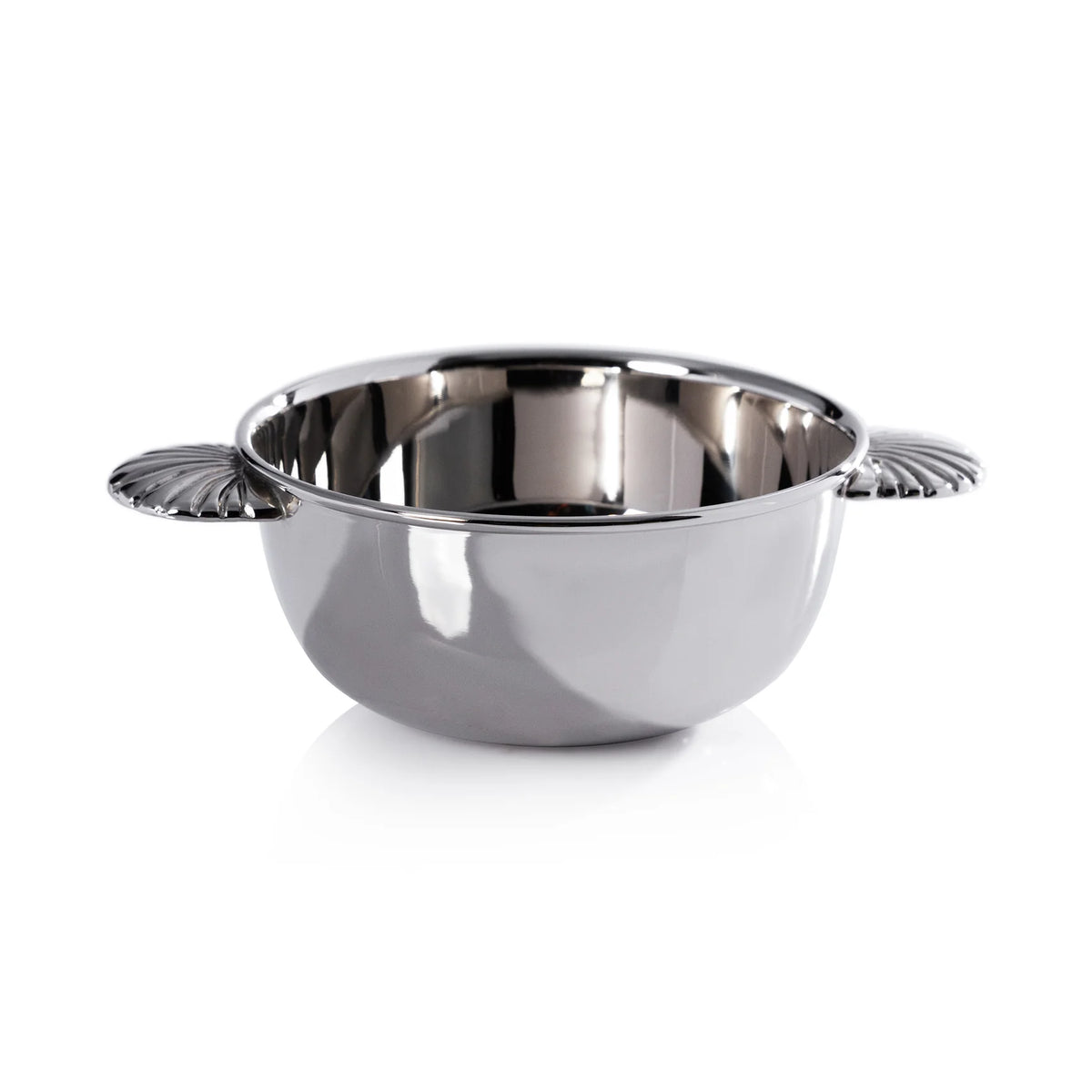 Stainless steel bowl with decorative handles on a white background