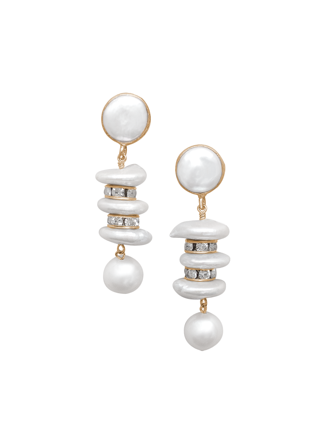 Pair of pearl earrings with gold accents on a white background