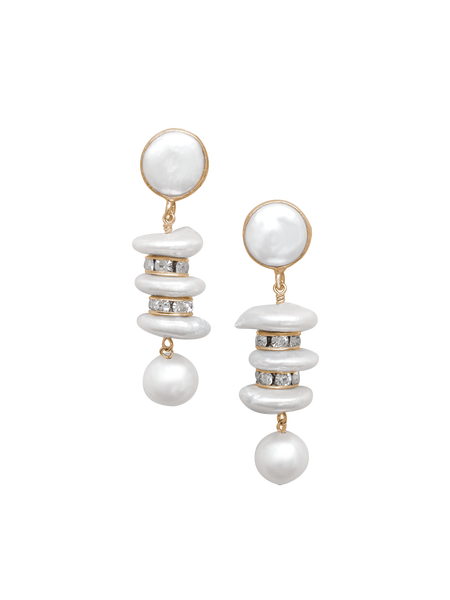 Pair of pearl earrings with gold accents on a white background