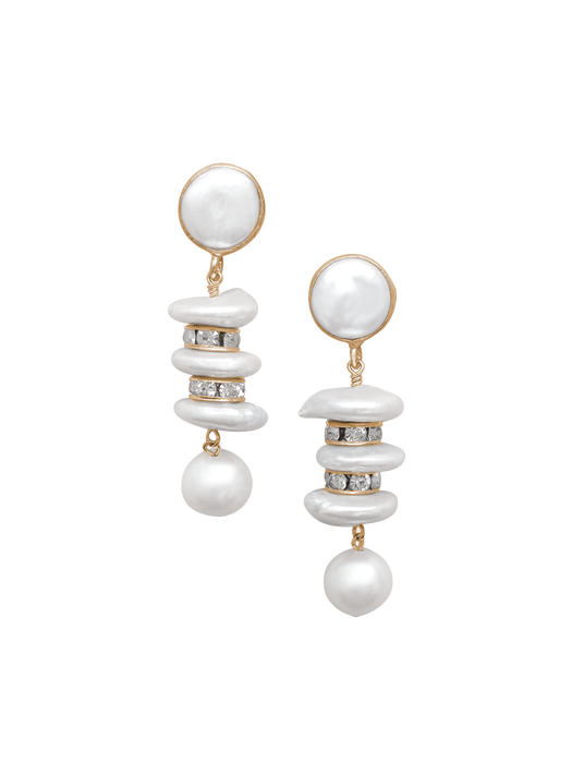Pair of pearl earrings with gold accents on a white background