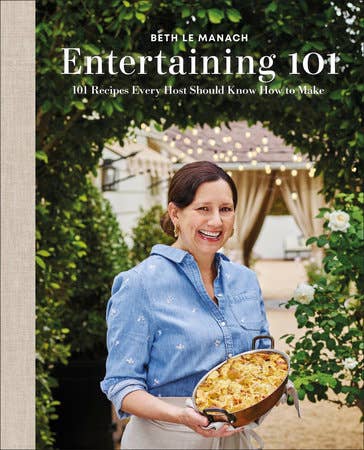 Entertaining 101 by Beth Le Manach cookbook cover with picture of author with greenery background 
