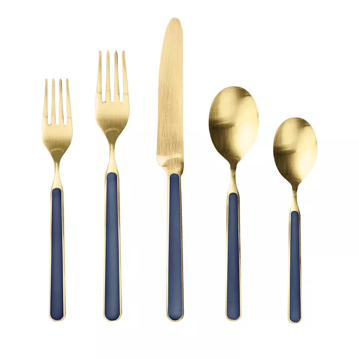 Fantasia Ice Oro Cobalt flatware set with 2 forks, knife and 2 spoons on white background 