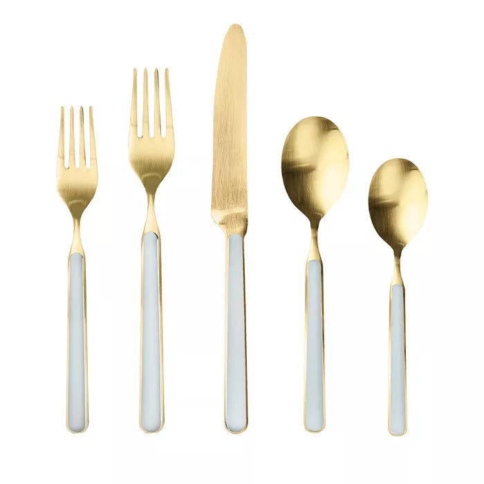 Light Blue Fantasia Ice Oro flatware set with 2 forks, knife and 2 spoons on white background 
