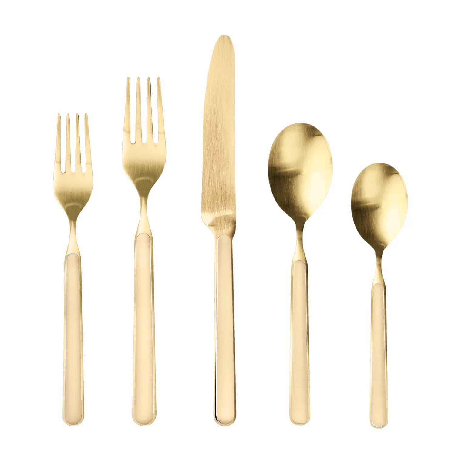 Sesame Fantasia Ice Oro flatware set featuring 2 forks, knife and 2 spoons on white background 