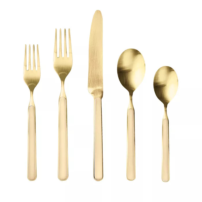 Ice Oro vanilla Fantasia flatware set featuring 2 forks, knife, and two spoons on white background 