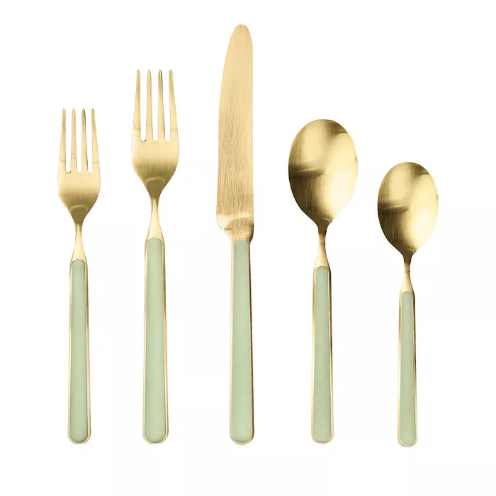 Sage Fantasia Ice Oro Flatware Set with 2 forks, knife and 2 spoons on white background 