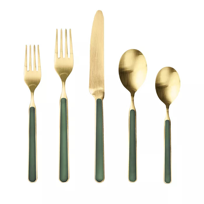 Forest Green Fantasia Ice Oro flatware set with 2 forks, knife and two spoons on white background 