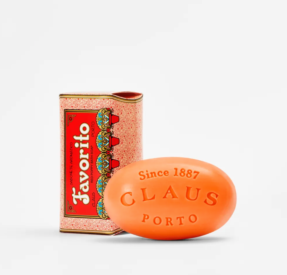 Claus Porto Favorito Red Poppy Soap in decorative package on white background