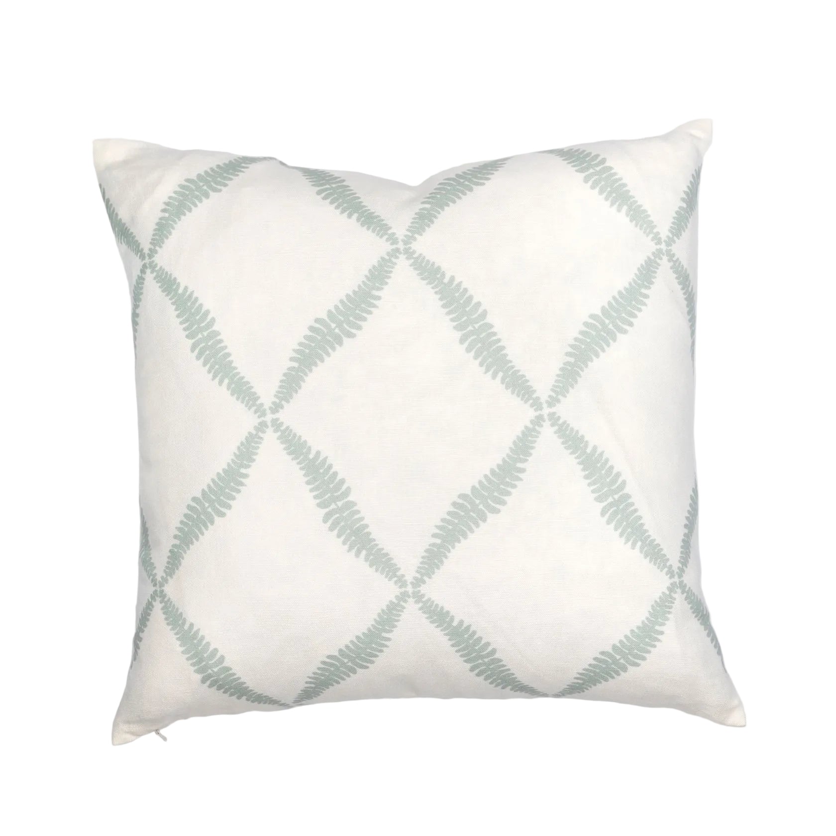 A square-shaped throw pillow with a green trellis pattern on a white background.