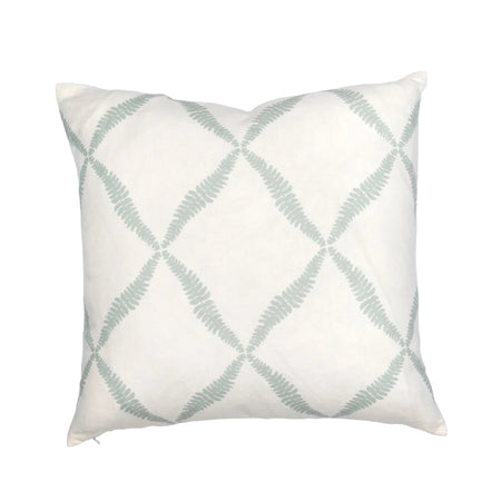 A square-shaped throw pillow with a green trellis pattern on a white background.
