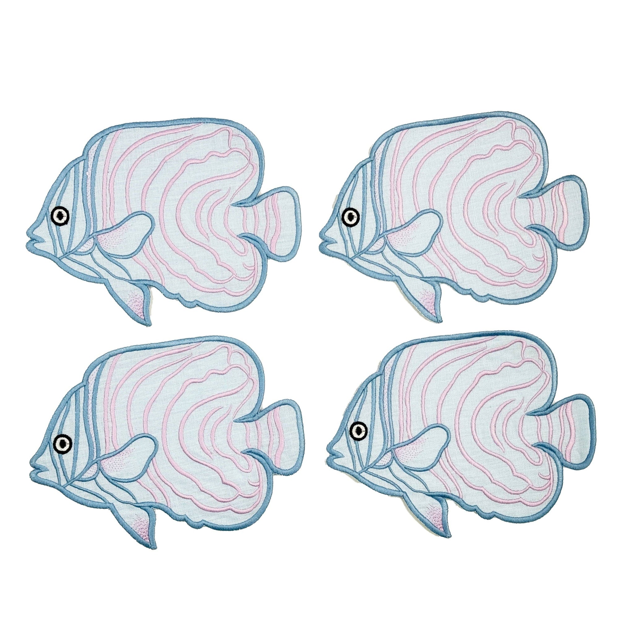 Set of 4 blue with lavender detail fish cocktail napkins on white background