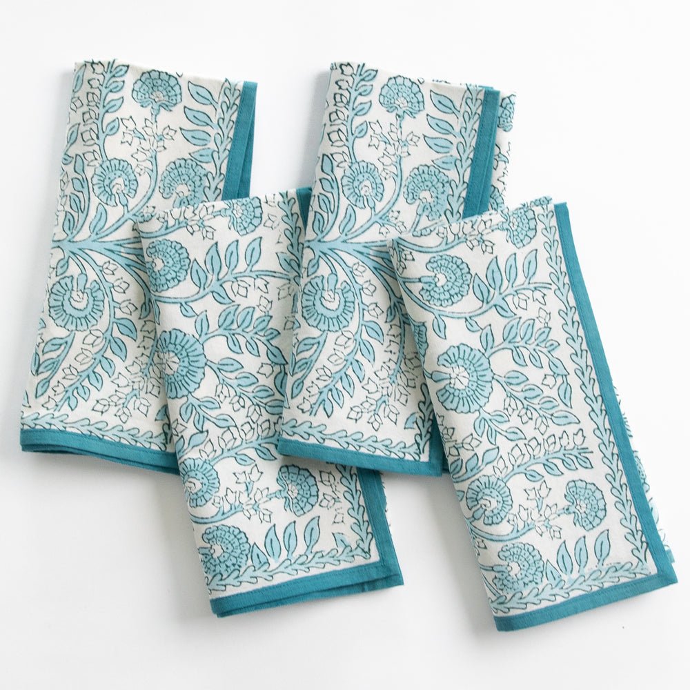 Blue Floral Trellis Blockprint Napkins on white background. 