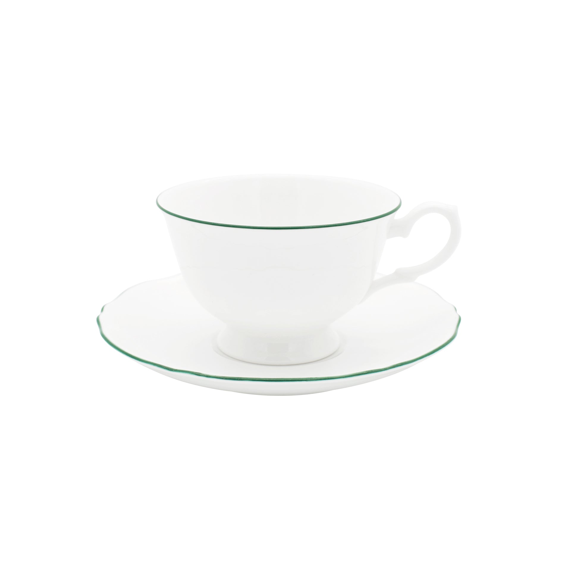 White cup and saucer with forest green trim on white background