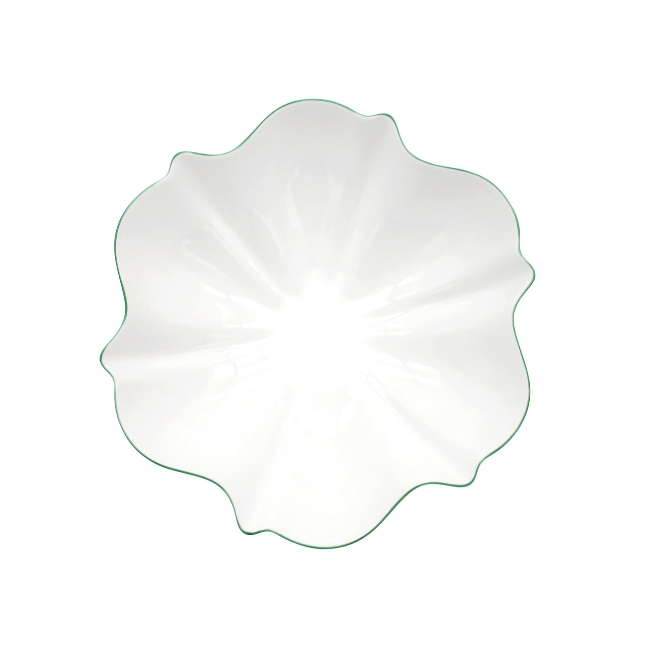 White bowl with forest green trim on white background 