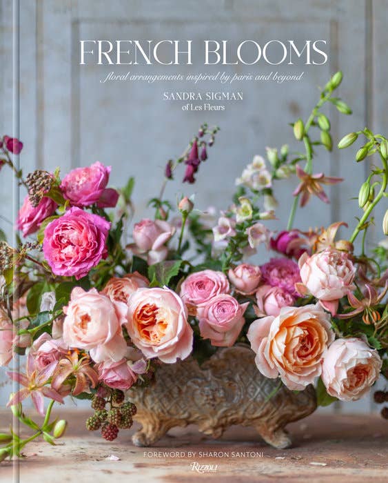 Cover of French Blooms by Sandra Sigman with floral arrangement of roses in footed container 