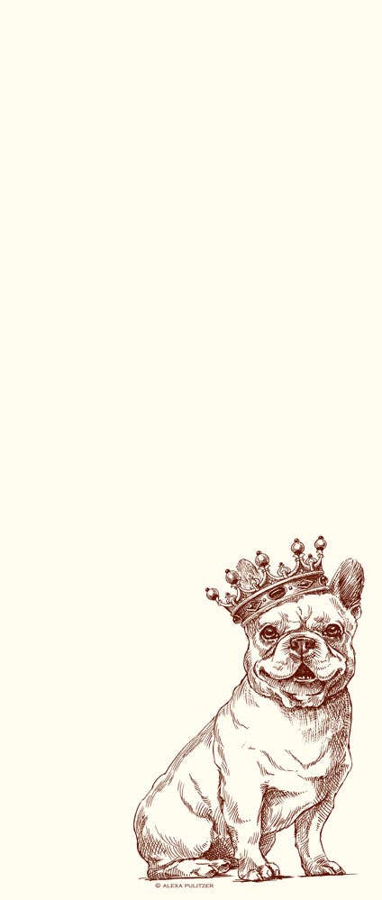Long note pad with french bull dog at bottom wearing a crown