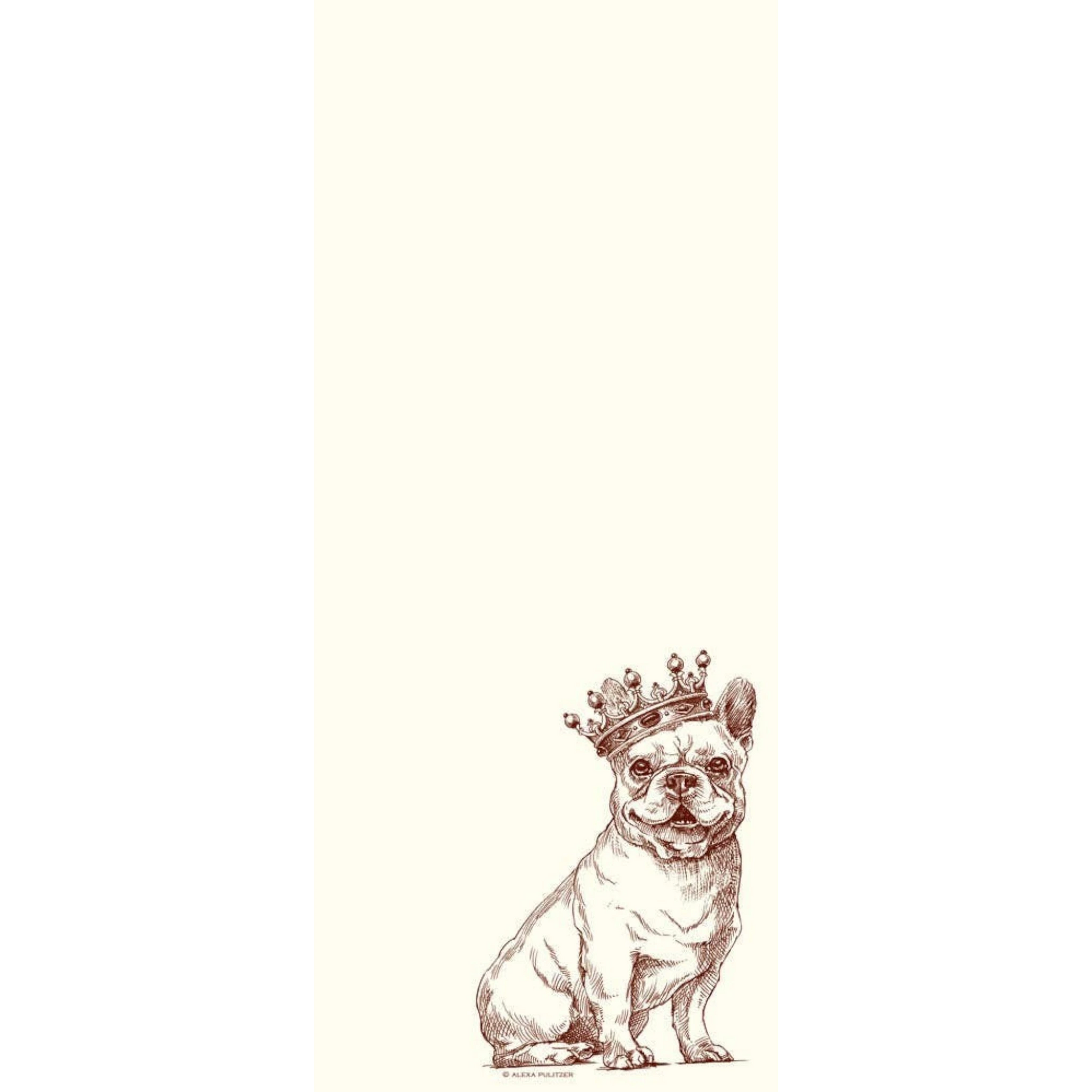 Long note pad with french bull dog at bottom wearing a crown