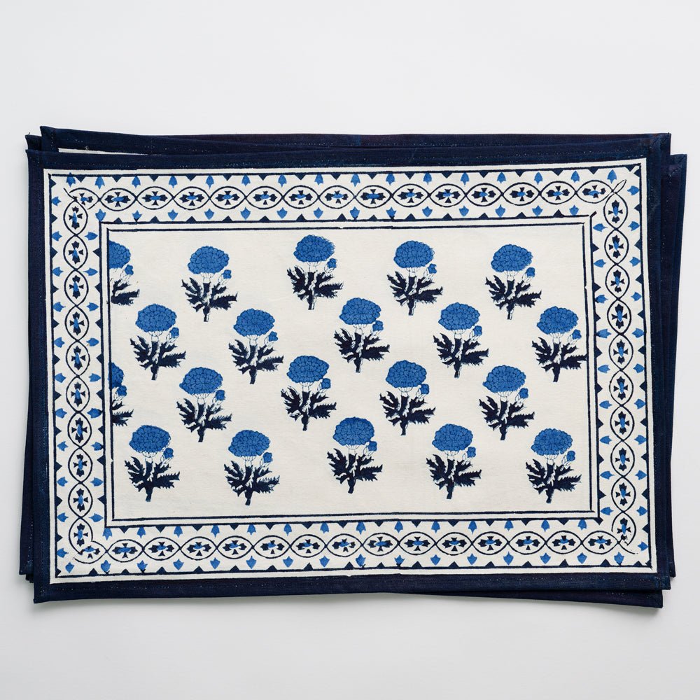Gaya Blue Print placemats on white background 