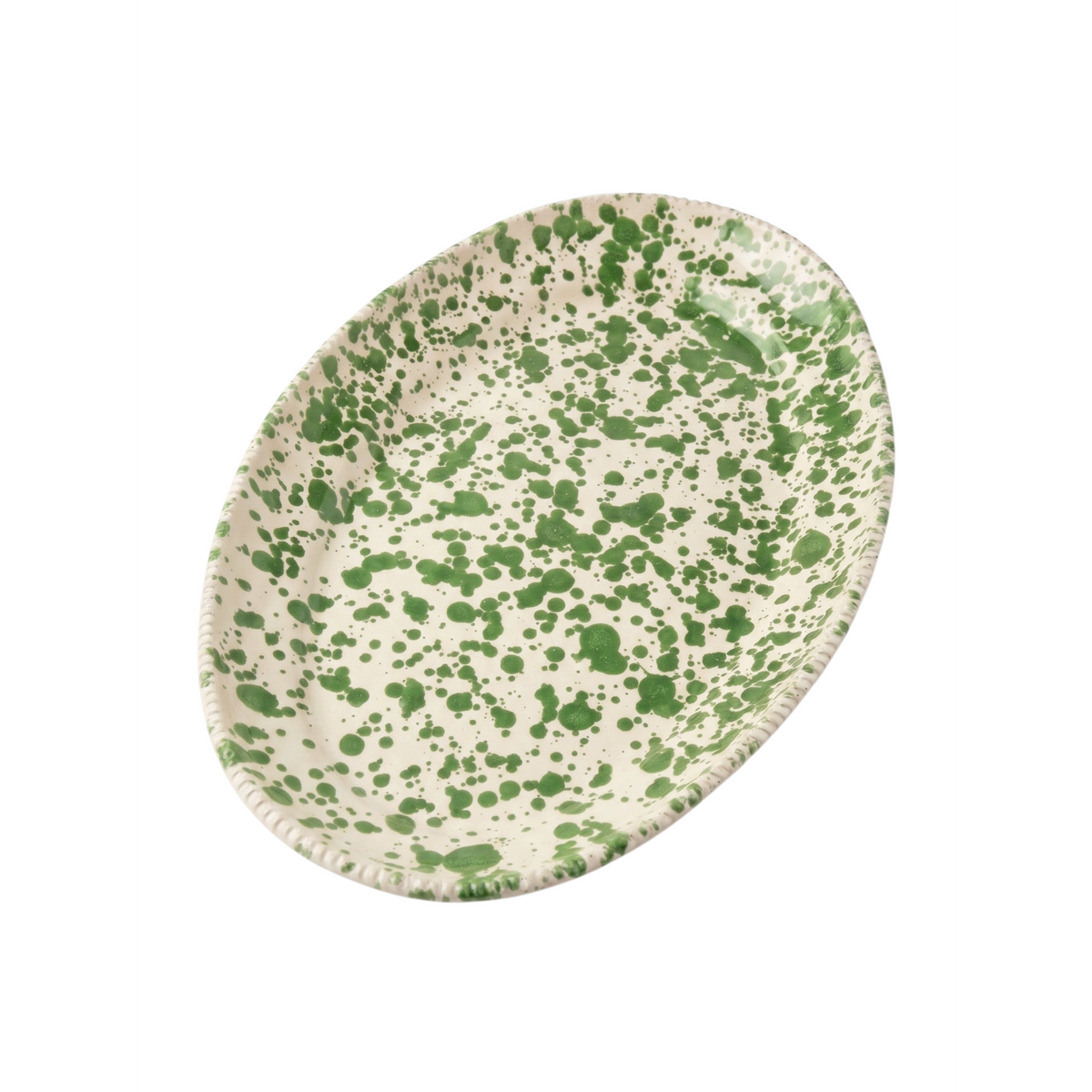 Homeport Italian handmade oval ceramic platter with green splatter pattern and a decorative textured rim.