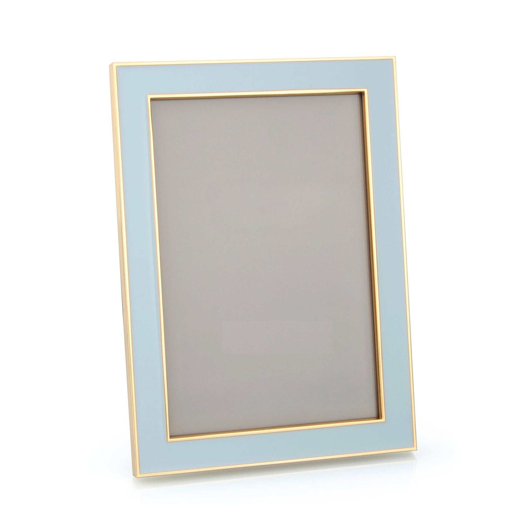 Powder blue enamel picture frame with gold trim on white background 
