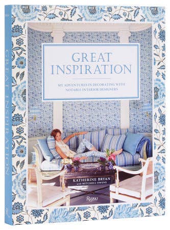 Cover of Great Inspiration by Katherine Bryan with blue floral detail and author sitting on couch 