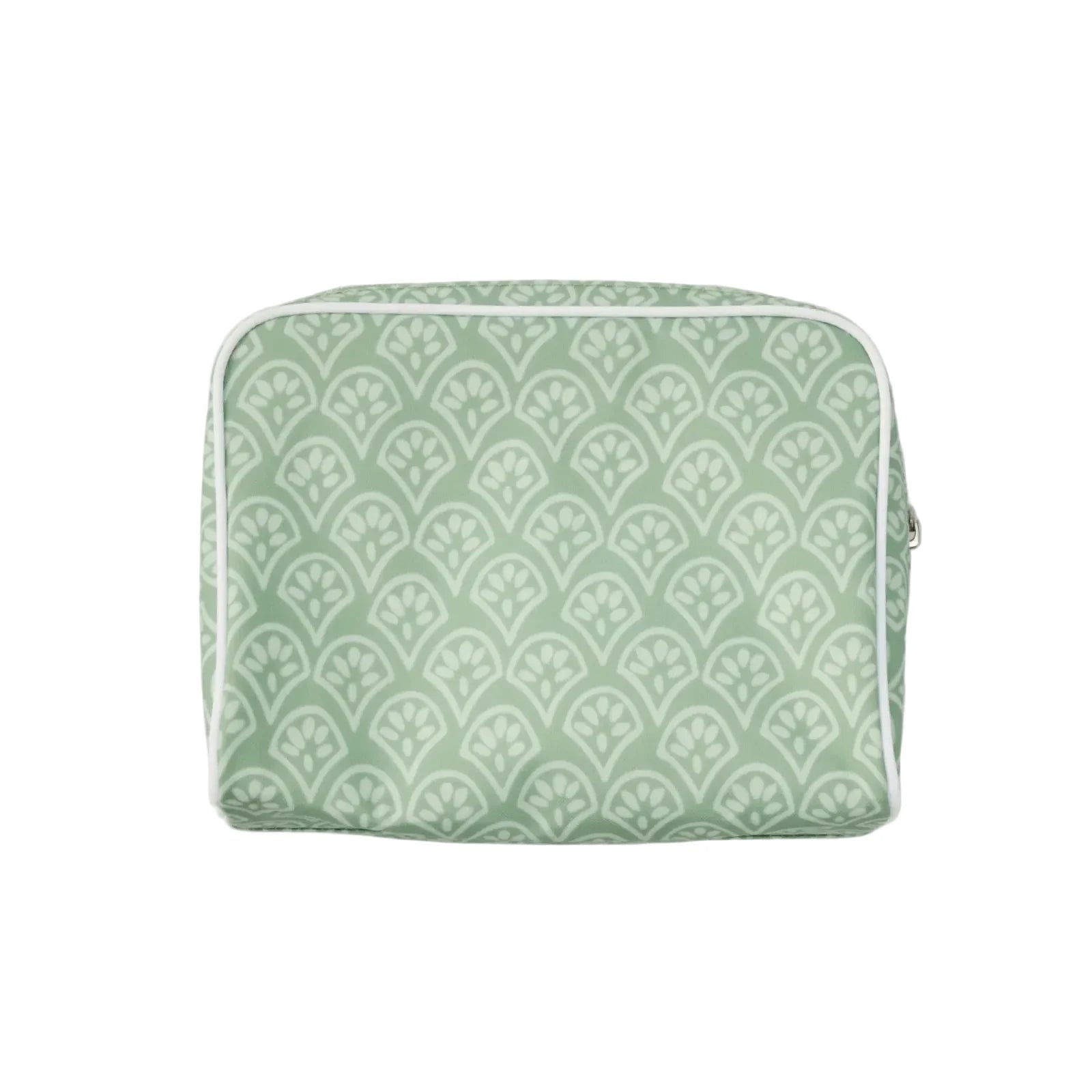 Medium size green block print toiletry bag with zipper 